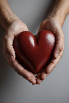 A man carefully holds a red heart, Valentine's Day
