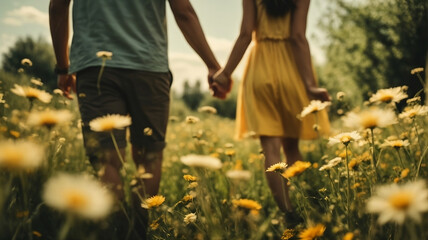 A couple in love holding hands in a daisy field on a warm summer afternoon. An atmosphere of coziness, love and mutual understanding - Powered by Adobe