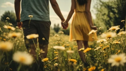 Foto op Plexiglas A couple in love holding hands in a daisy field on a warm summer afternoon. An atmosphere of coziness, love and mutual understanding © Anastasiia Soina