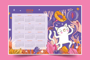 hand drawn 2024 calendar template design vector illustration