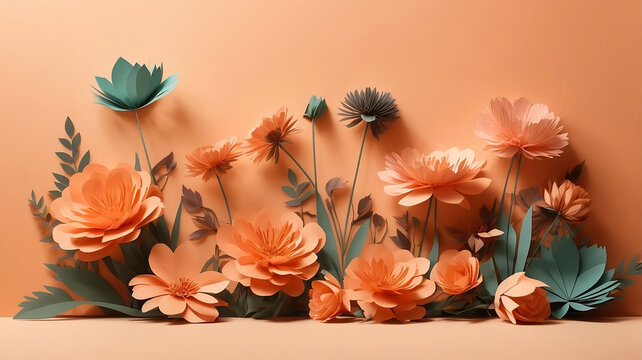 Composition of paper flowers and herbs in peach and gray-green colors, arranged at the bottom of the image with free space at the top. Valentine's Day, International Women's Day, 8 March