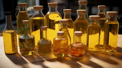Assortment of oil in bottles on wooden table in sunlight, closeup