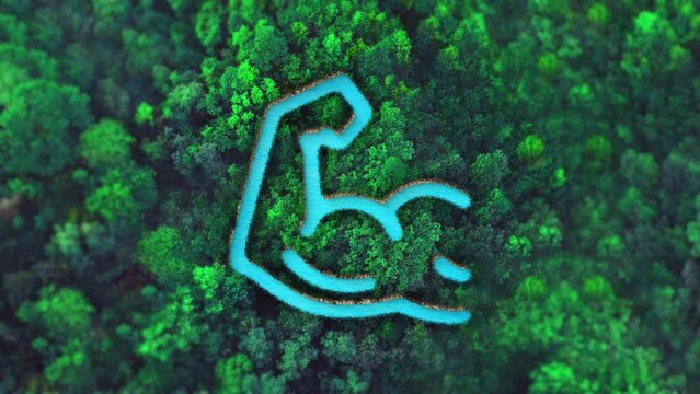 Muscle health arm icon or symbol in the middle of a beautiful green forest. Top view, ecology background