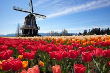 Breathtaking View of Vibrant Tulip Field and Picturesque Windmill from an Elevated Perspective