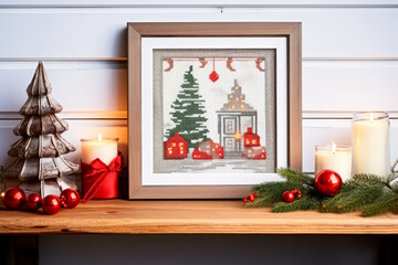 A framed embroidered christmas card with ornaments and candles on wooden table. Winter background with pine twigs