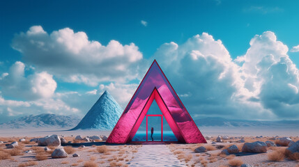 Surreal blend of turquoise and silver skies above super cool, neon pink triangle house,...