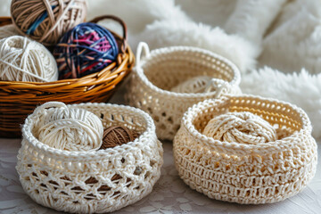 Obraz premium Cozy Cotton Yarn Basket - Soft Textile Storage for Craft Enthusiasts - Created with Generative AI Tools
