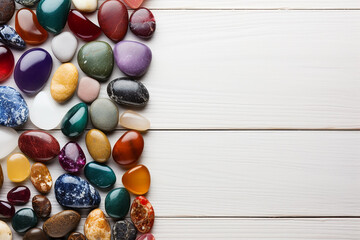 Vibrant Top View: Colorful Stones on Wooden Background - Abstract Natural Composition - Created with Generative AI Tools