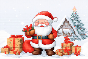 Cross stitch pattern of Santa Claus holding his presents, in the style of pixelated. Embroidered deer and snowy village