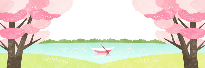 桜の木と水辺の春の背景フレーム シンプルな水彩風の自然風景イラスト
