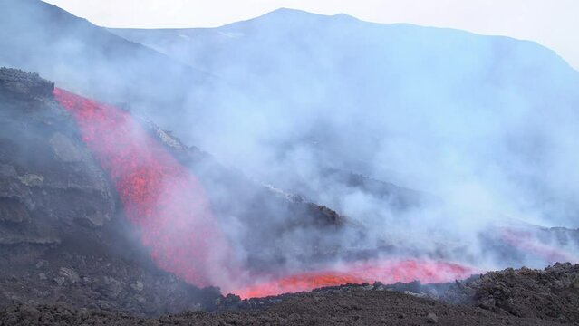 Etna Eruption in Sicily. Lava flow 