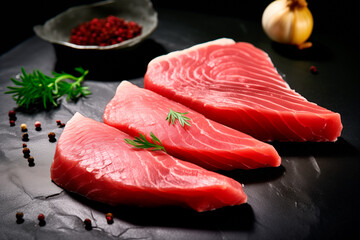 Fresh tuna fish fillet steaks isolated on black background. Raw seafood