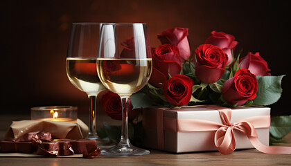 Romantic celebration love, wine, champagne, decoration, candle, flower, drink generated by AI