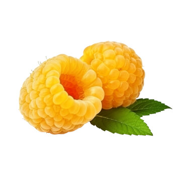 fresh organic yellow raspberry cut in half sliced with leaves isolated on white background with clipping path