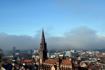 Naklejka premium Das Münster in der Altstadt von Freiburg vor nebligem Himmel