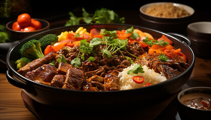 Fototapeta premium Freshness on plate grilled beef, vegetable salad, homemade sauce generated by AI