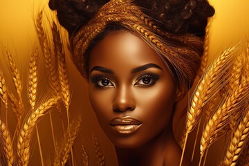 African woman with braided spikelet hair on golden background.