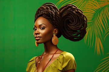 African woman with braided spikelet hair on green background.
