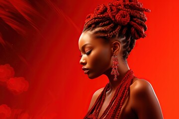 African woman with braided spikelet hair on red background. - obrazy, fototapety, plakaty