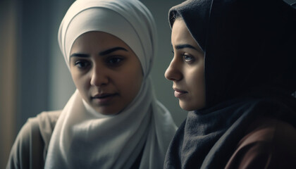 Young adult women in hijab, looking at camera with spirituality generated by AI