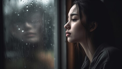 A young woman, looking through the window, feeling sadness and loneliness generated by AI - obrazy, fototapety, plakaty