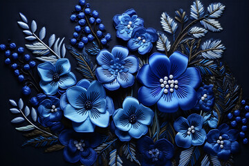 Beautiful Multi-Color Flowers Embroidered on Dark Fabric - Exquisite Floral Decor for Fashion and Textiles - Created with Generative AI Tools