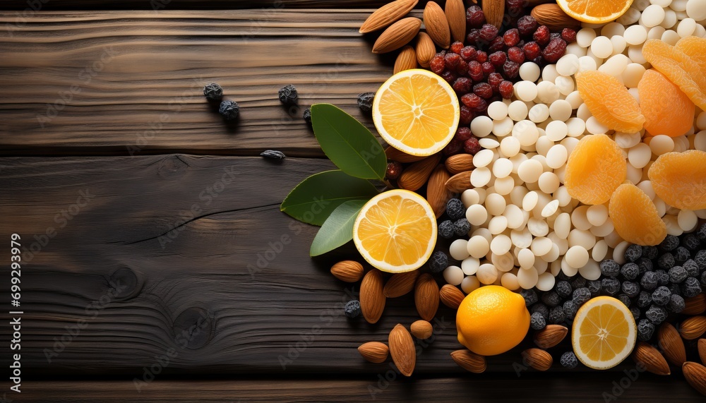 Wall mural assorted dried fruits and nuts, appetizing vitamin mosaic background. concept: healthy and nutritiou - Wall murals