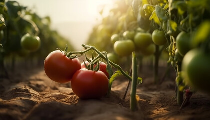 Fresh, organic tomato plant grows in a lush green vegetable garden generated by AI - obrazy, fototapety, plakaty