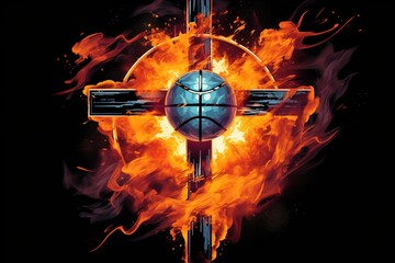 Design of christian cross and basketball ball. - obrazy, fototapety, plakaty