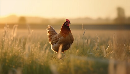 A beautiful sunrise on a farm, chickens roam freely in the meadow generated by AI - obrazy, fototapety, plakaty