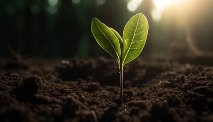 Fresh green seedling grows in the dirt, symbolizing new life generated by AI