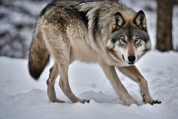 Grey wolf in winter forest.