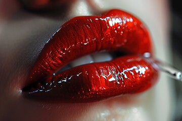 Girl lips with glossy shinny red lipstick. - obrazy, fototapety, plakaty