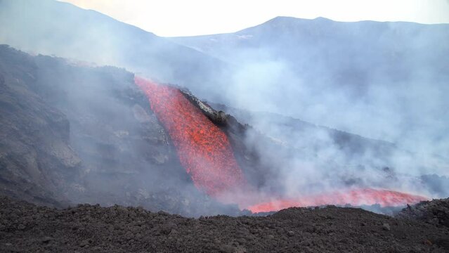 Etna Eruption in Sicily. Lava flow 