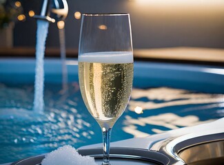 Champagne glass on Jacuzzi. Resort hotel, relaxing vacation, anniversary celebration.