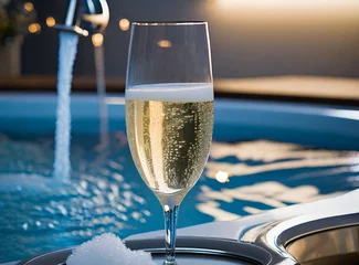 Crédence de cuisine en verre imprimé Spa Champagne glass on Jacuzzi. Resort hotel, relaxing vacation, anniversary celebration.