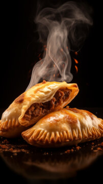 Closeup of Baked empanadas typical Argentine food. Black background