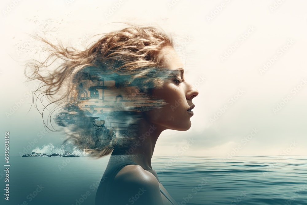 Wall mural double exposure portrait of woman profile at sea.