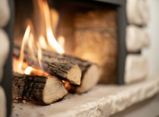 Firewood in the fireplace at home. Cozy winter scene.