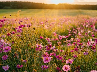 Obraz premium Field of lilac flowers at golden hour/sunset
