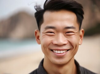 Asian man tourist smiling, standing on the beach, face closeup. Happiness expression. Summer travel.