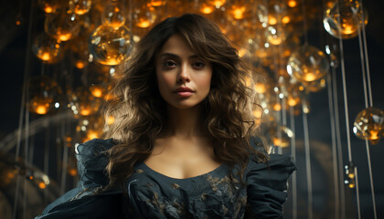 Beautiful woman in elegant dress, smiling, looking at camera generated by AI