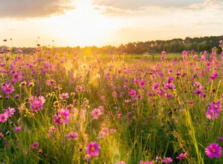 Obraz premium Field of lilac flowers at golden hour/sunset