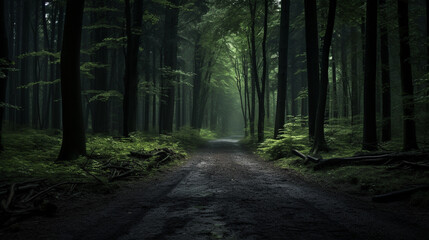 pathway through a dark forest. The pathway through the dark foggy forest. AI Generative