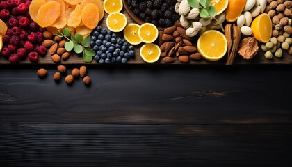Obraz na płótnie Canvas Assorted dried fruits and nuts on a dark background, Concept: healthy and nutritious selection of snacks, healthy snack 