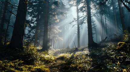 Sunrays find their ways through the forest tops