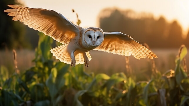 owl flight. hunting barn owl, wild bird in morning nice light. beautiful animal. AI Generative