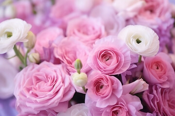 Fototapeta premium Closeup Flower Composition: Light Roses and Eustoma Bouquet - Created with Generative AI Tools