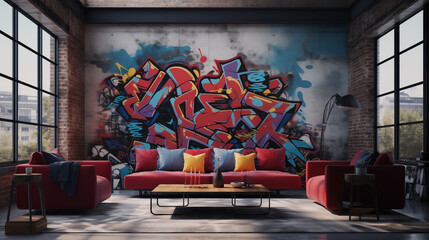 living room with an urban graffiti wall