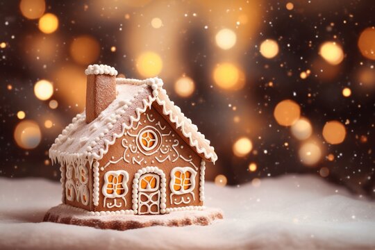 Gingerbread house at Christmas with bokeh background.